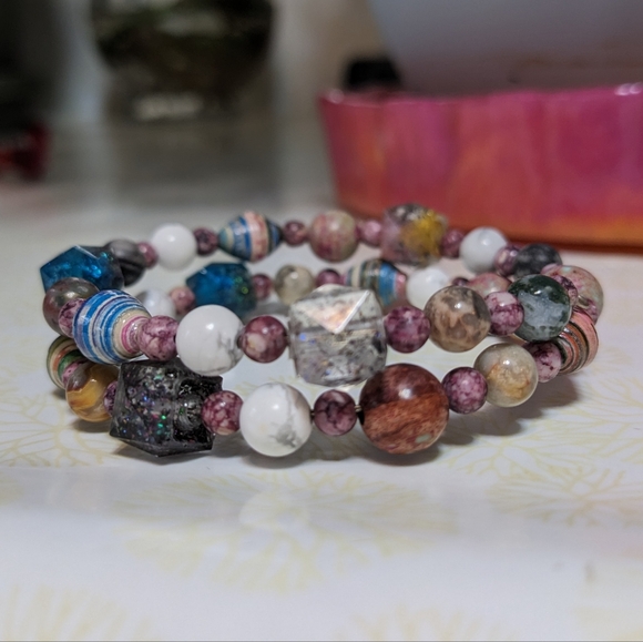 Jasper Energy Bracelet Handmade Colorful Cute Rainbow Upcycled Paper Beads - Picture 8 of 13